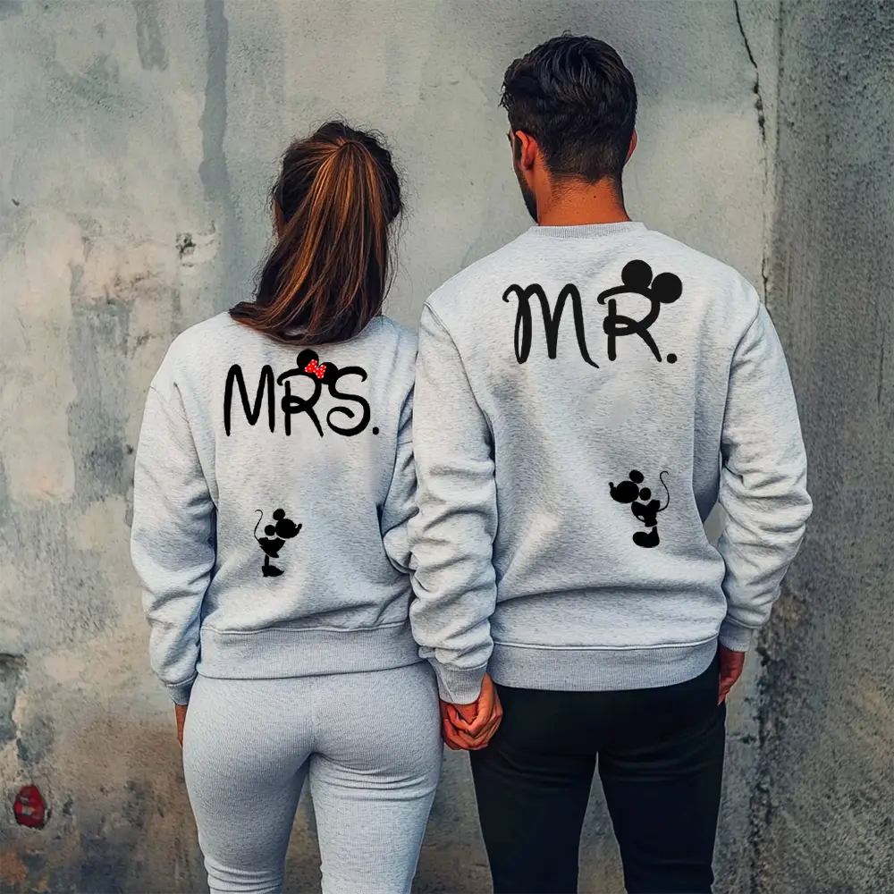 Унисекс Сиви Ватирани Блузи за Двойки Mr. and Mrs.
