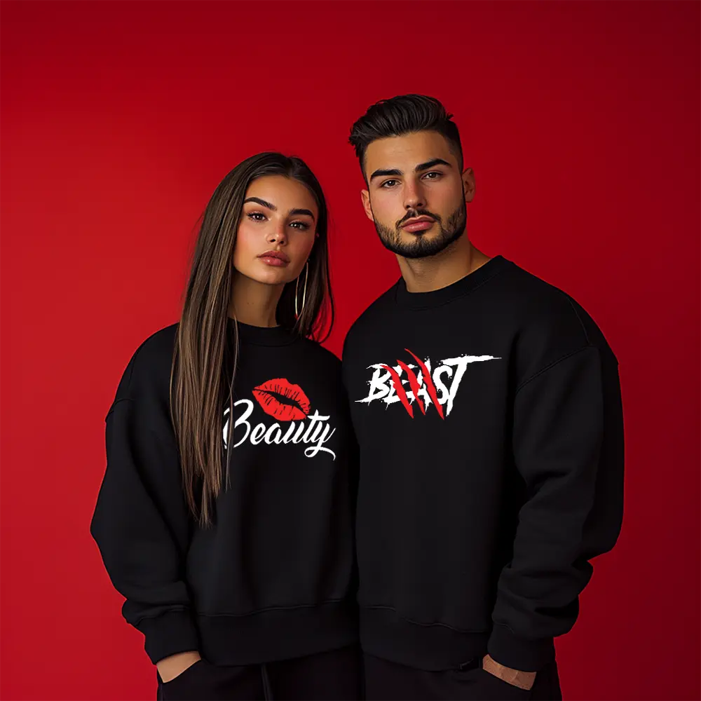Унисекс Ватирани Блузи за Двойки Beast and Beauty
